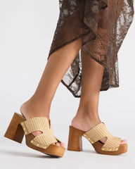 SUNKISSED Raffia Platform Block Heel Studded Women's Sandal