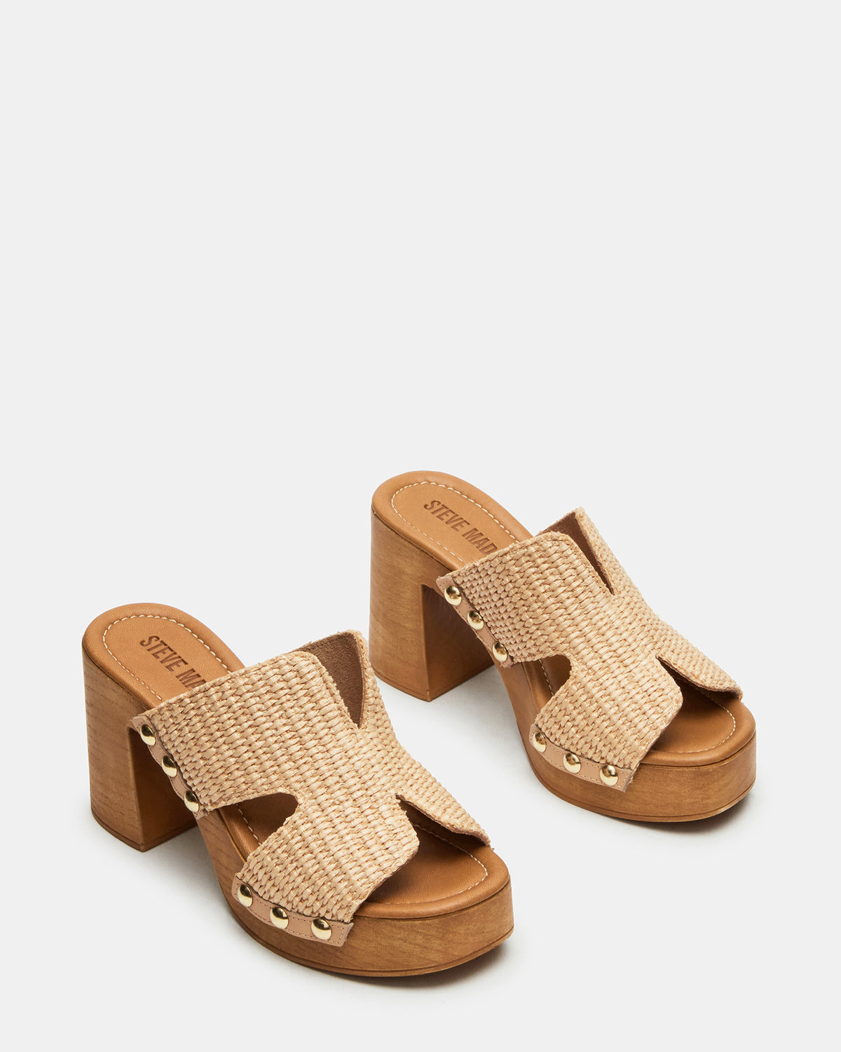 SUNKISSED Raffia Platform Block Heel Studded Women's Sandal