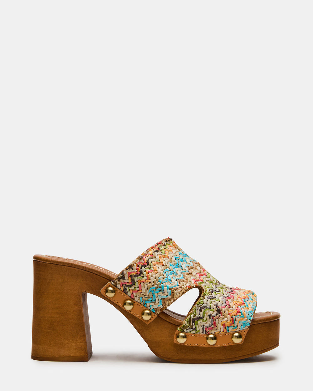 SUNKISSED Multi Raffia Platform Block Heel Studded Women's Sandal