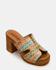 SUNKISSED Multi Raffia Platform Block Heel Studded Women's Sandal