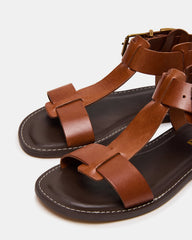 BRAZINN Tan Leather Strappy Flat Sandal Women's Sandal