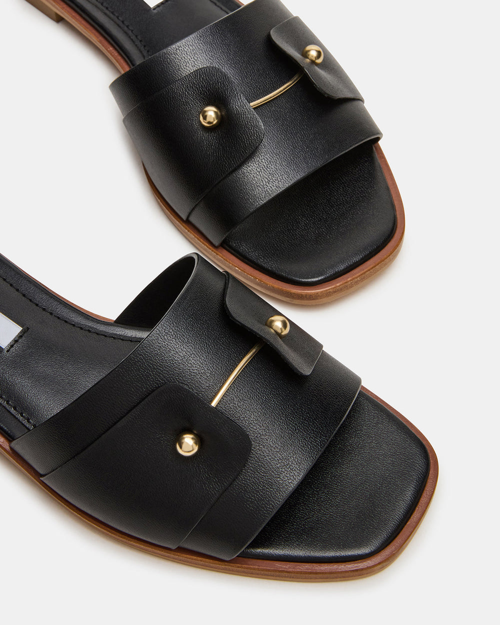 HASTEN Black Leather Gold Detail Slide Women's Sandal