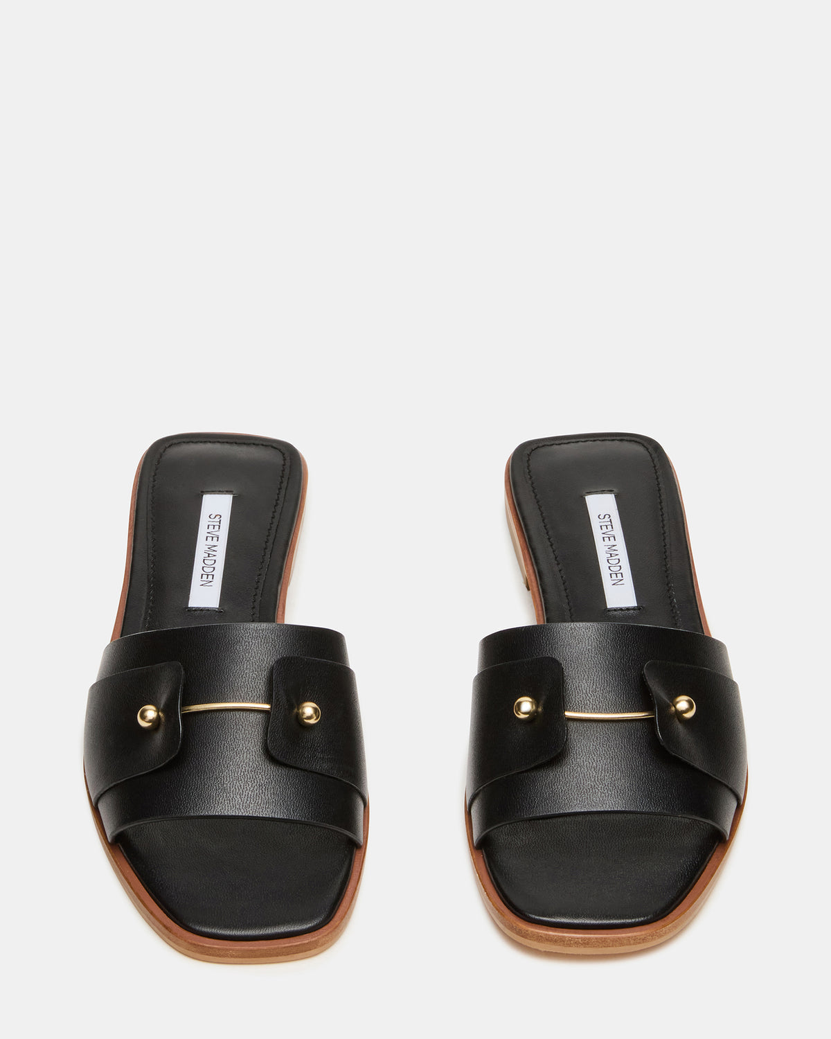 HASTEN Black Leather Gold Detail Slide Women's Sandal