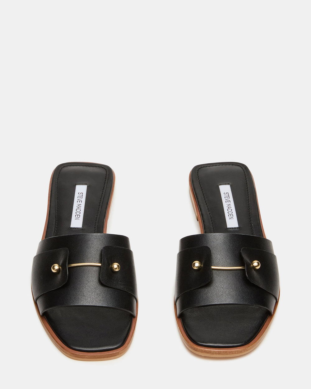 HASTEN Black Leather Gold Detail Slide Women's Sandal