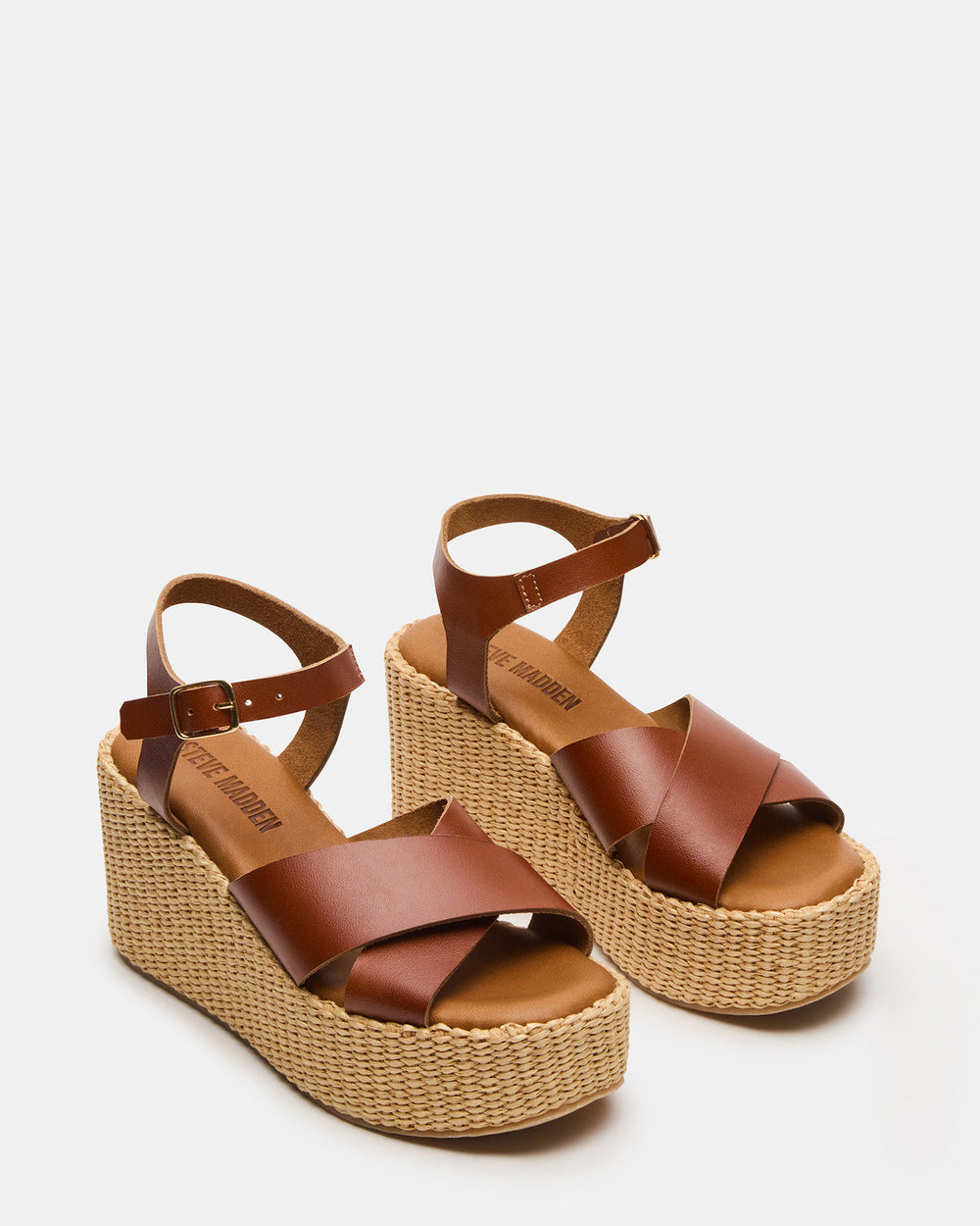JETSET Cognac Leather Raffia Platform Wedge Women's Sandal