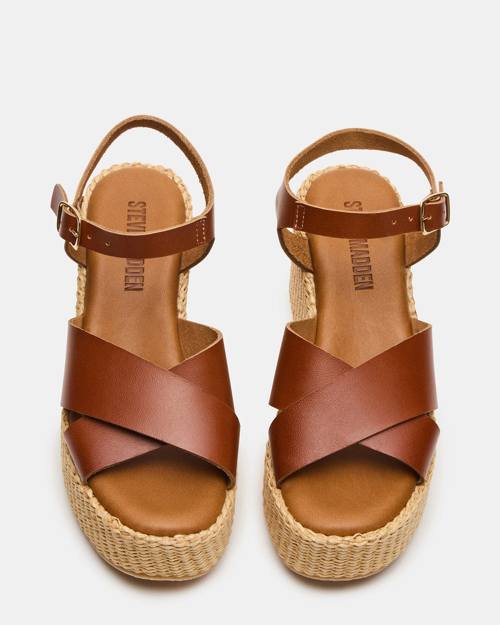 JETSET Cognac Leather Raffia Platform Wedge Women's Sandal