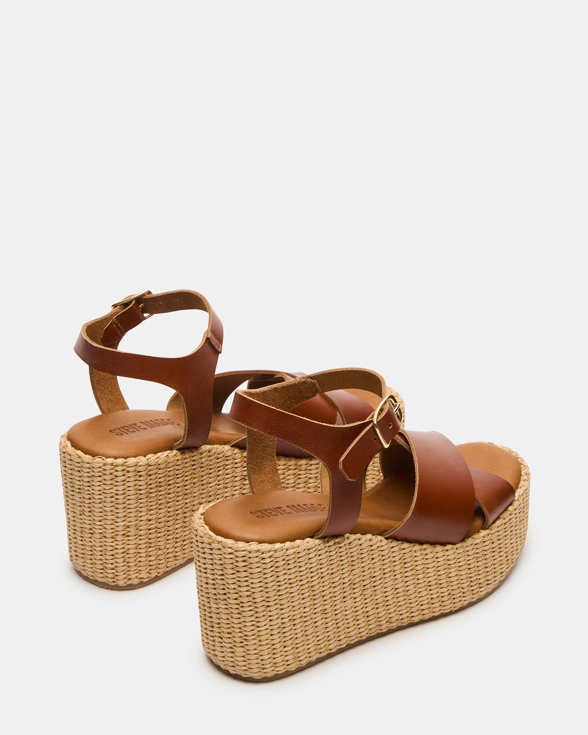 JETSET Cognac Leather Raffia Platform Wedge Women's Sandal