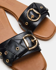 HILARIA Black Leather Square-Toe Slide Women's Sandal