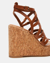 COZETTE Tan Leather Women's Platform Square-Toe Wedge Sandal