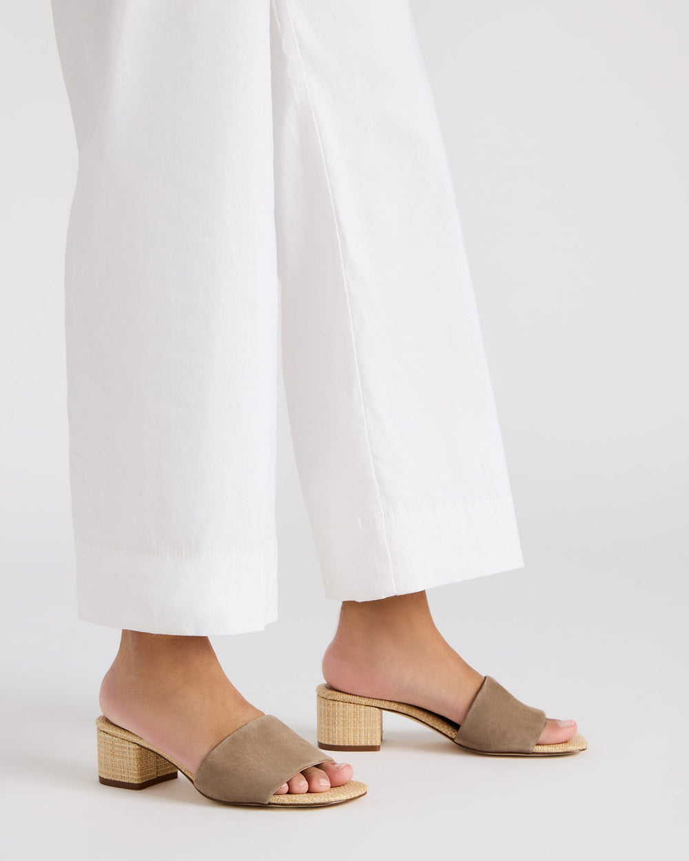 HAILEE Taupe Suede Women's Square-Toe Raffia Block Heel Mule Sandal