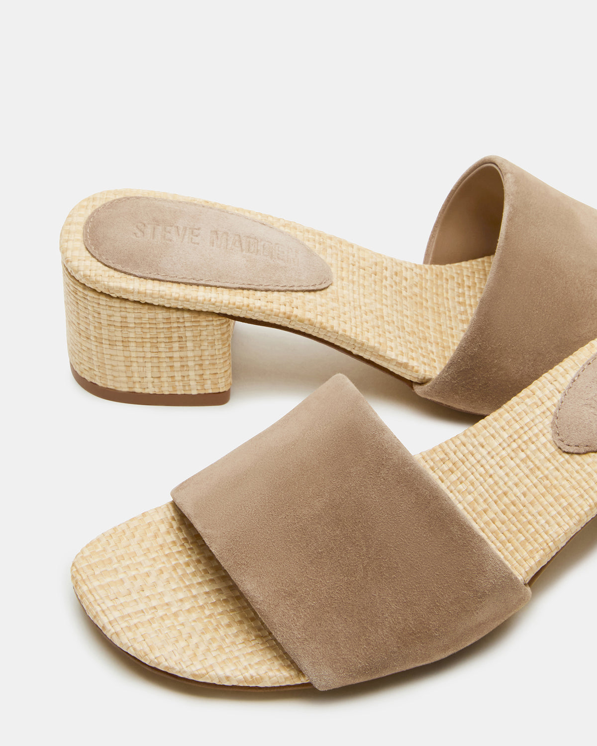 HAILEE Taupe Suede Women's Square-Toe Raffia Block Heel Mule Sandal