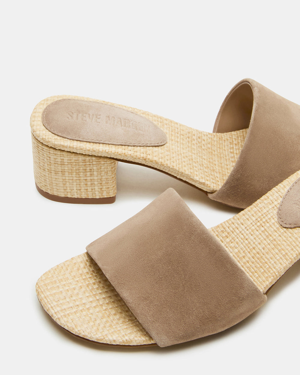 HAILEE Taupe Suede Women's Square-Toe Raffia Block Heel Mule Sandal