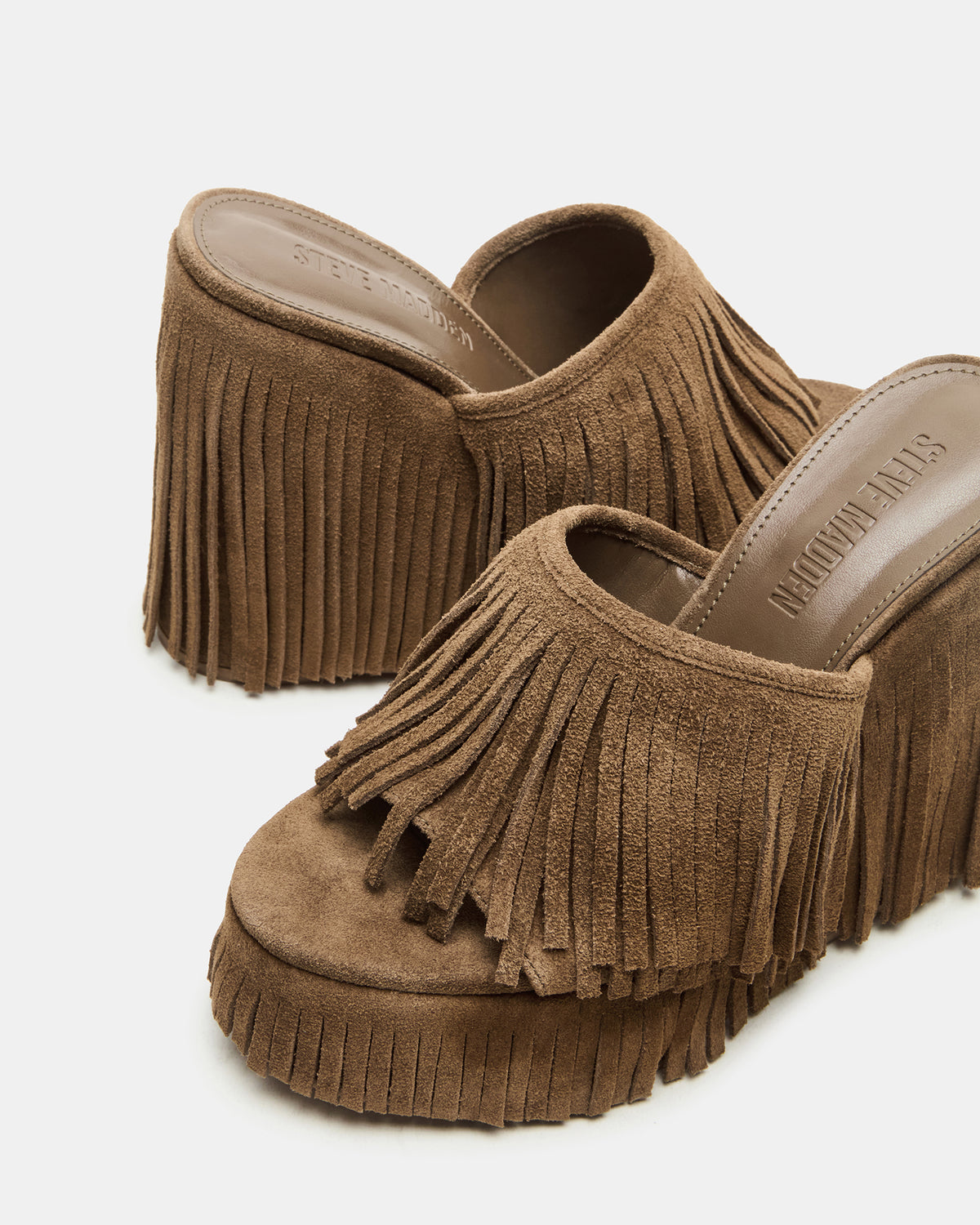 WYNN Chestnut Suede Platform Fringe Wedge Mule Women's Sandal