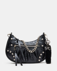 ERIKA Bag Black Rhinestone Embellished Studded Crinkle Moto Crossbody Handbag