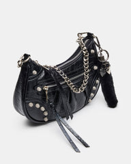 ERIKA Bag Black Rhinestone Embellished Studded Crinkle Moto Crossbody Handbag