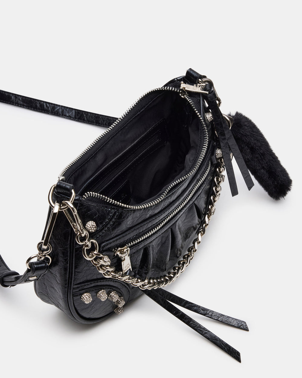 ERIKA Bag Black Rhinestone Embellished Studded Crinkle Moto Crossbody Handbag