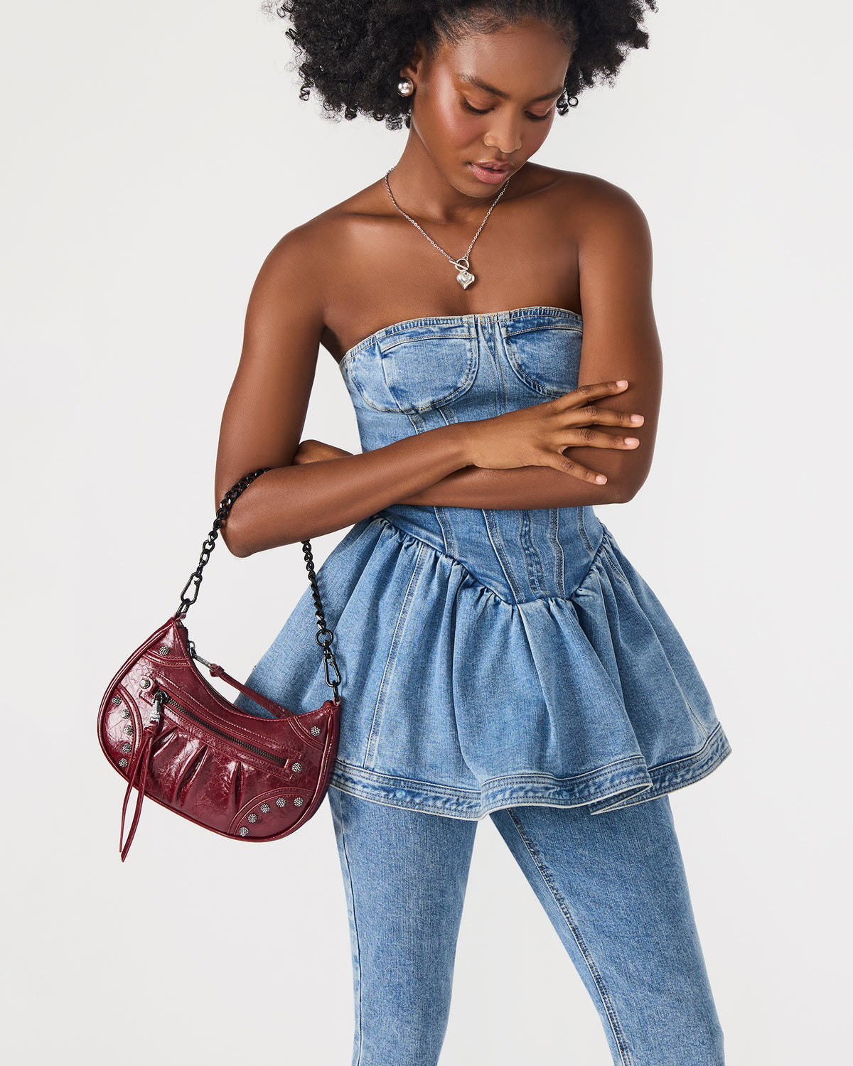 ERIKA Bag Black Rhinestone Embellished Studded Crinkle Moto Crossbody Handbag