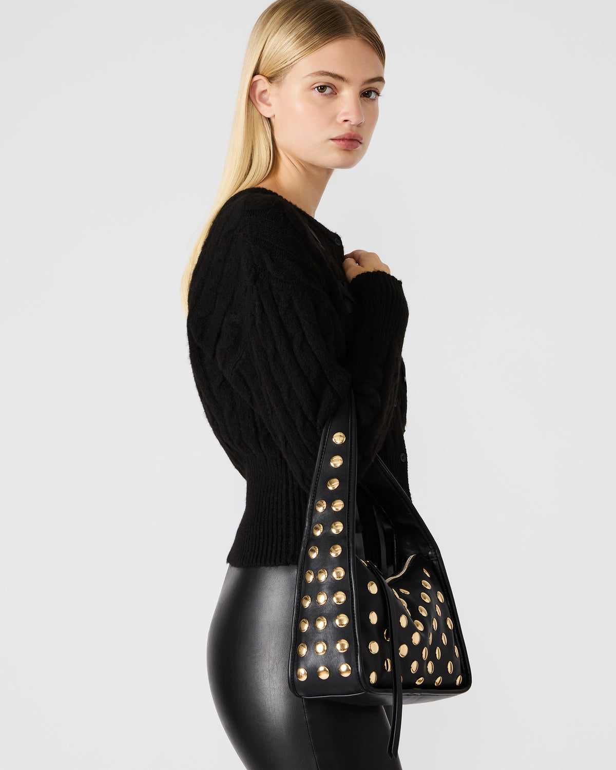 CHEYANN Bag Black Hobo Dome-Studded Shoulder Strap Women's Handbag