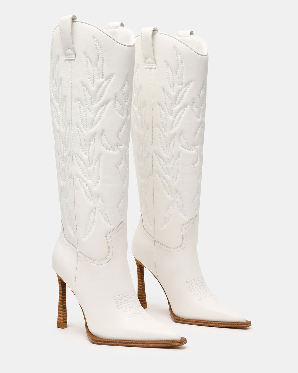 KINZEE White Leather Pointed-Toe Knee-High Western Stiletto Women's Boot