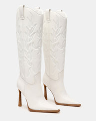 KINZEE White Leather Pointed-Toe Knee-High Western Stiletto Women's Boot