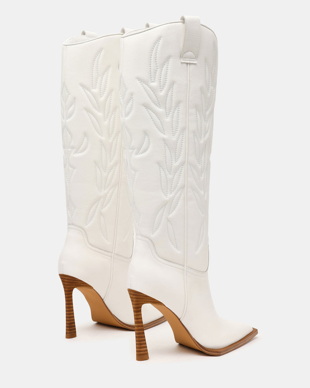 KINZEE White Leather Pointed-Toe Knee-High Western Stiletto Women's Boot