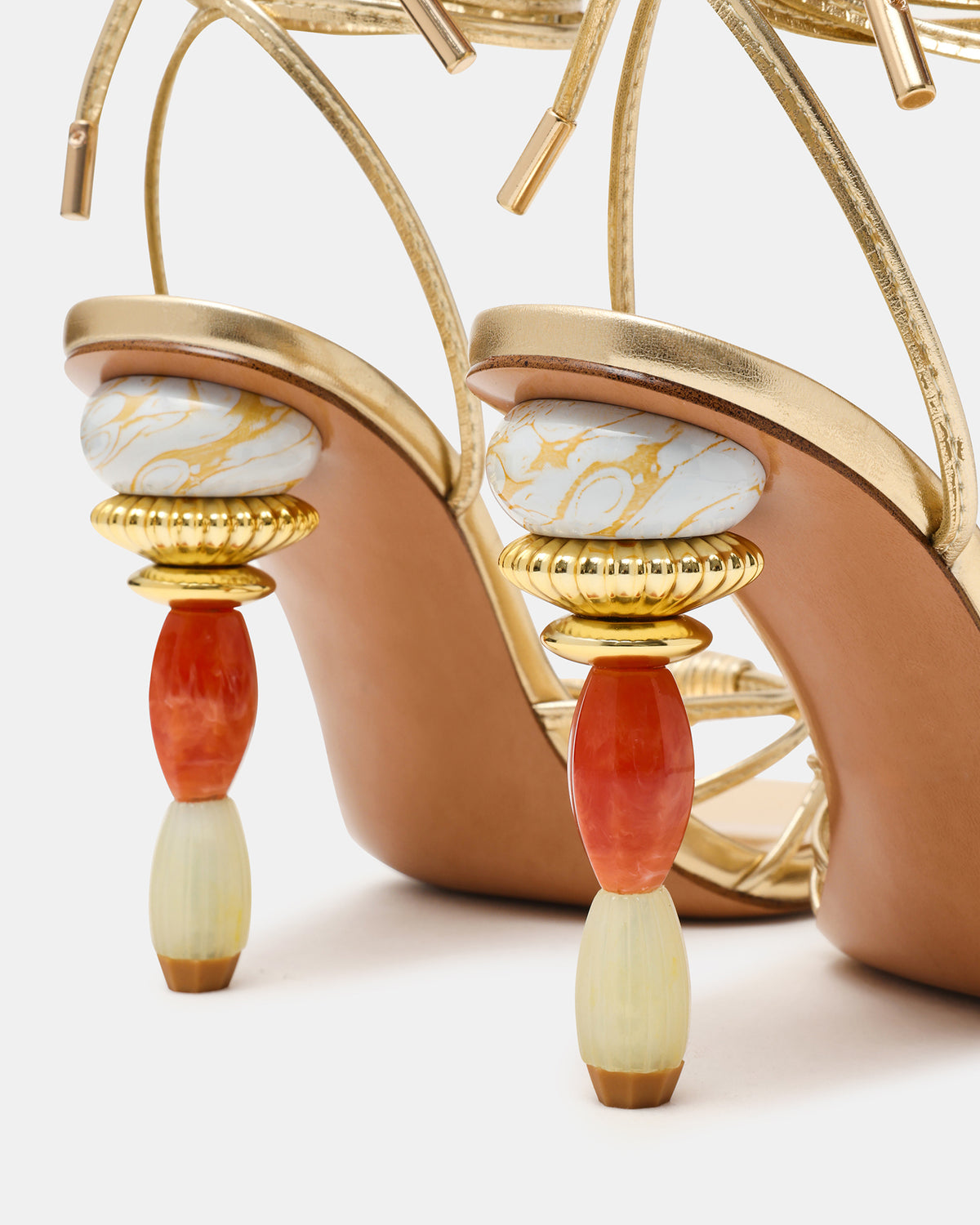 SOLENA Gold Strappy Leg-Tie Square-Toe Women's Sculptured Heel