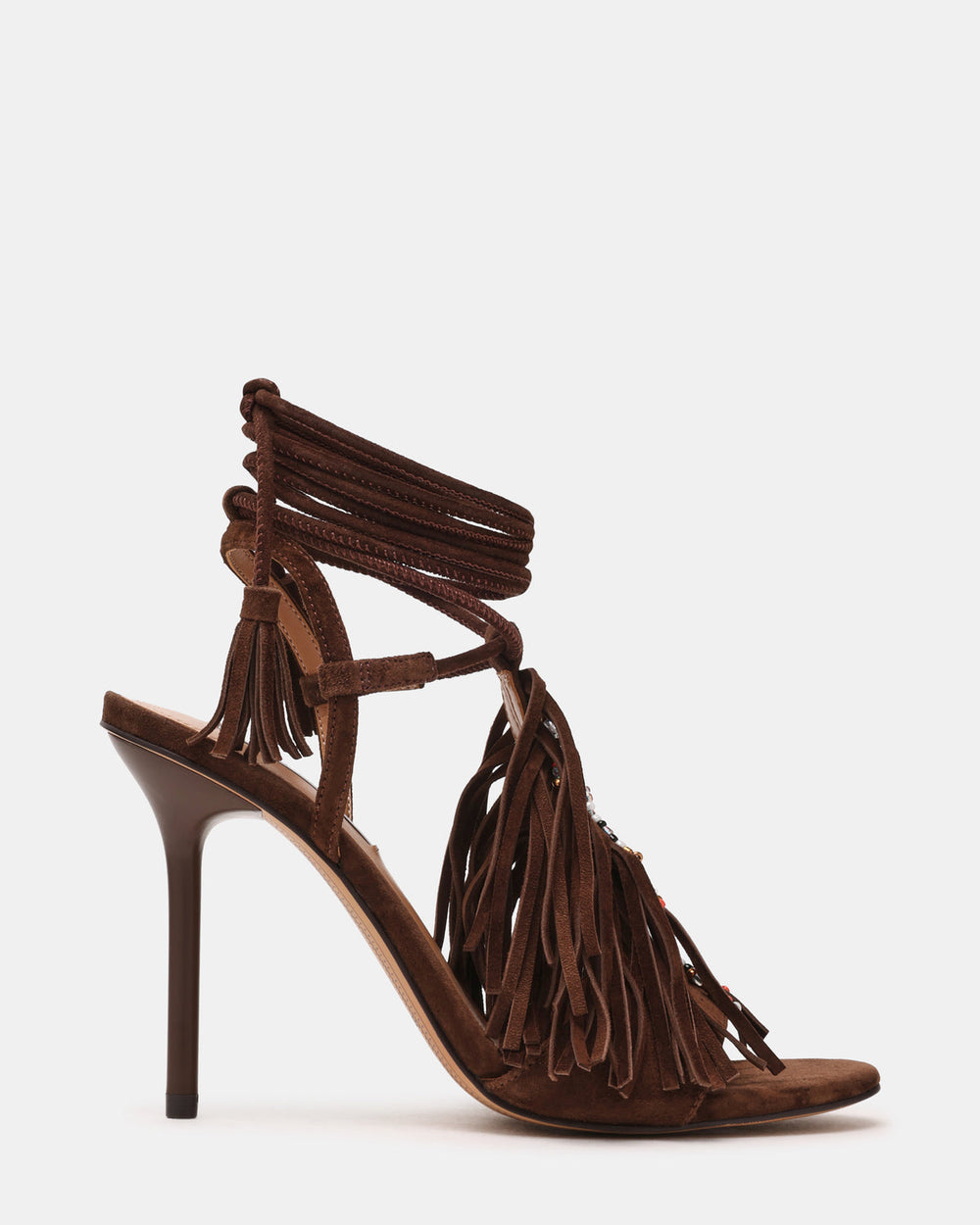 TALIA Brown Suede Fringe Beaded Stiletto Strappy Leg-Ties Women's Heel