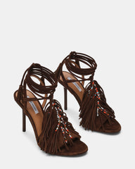 TALIA Brown Suede Fringe Beaded Stiletto Strappy Leg-Ties Women's Heel
