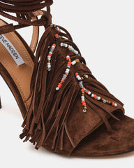 TALIA Brown Suede Fringe Beaded Stiletto Strappy Leg-Ties Women's Heel