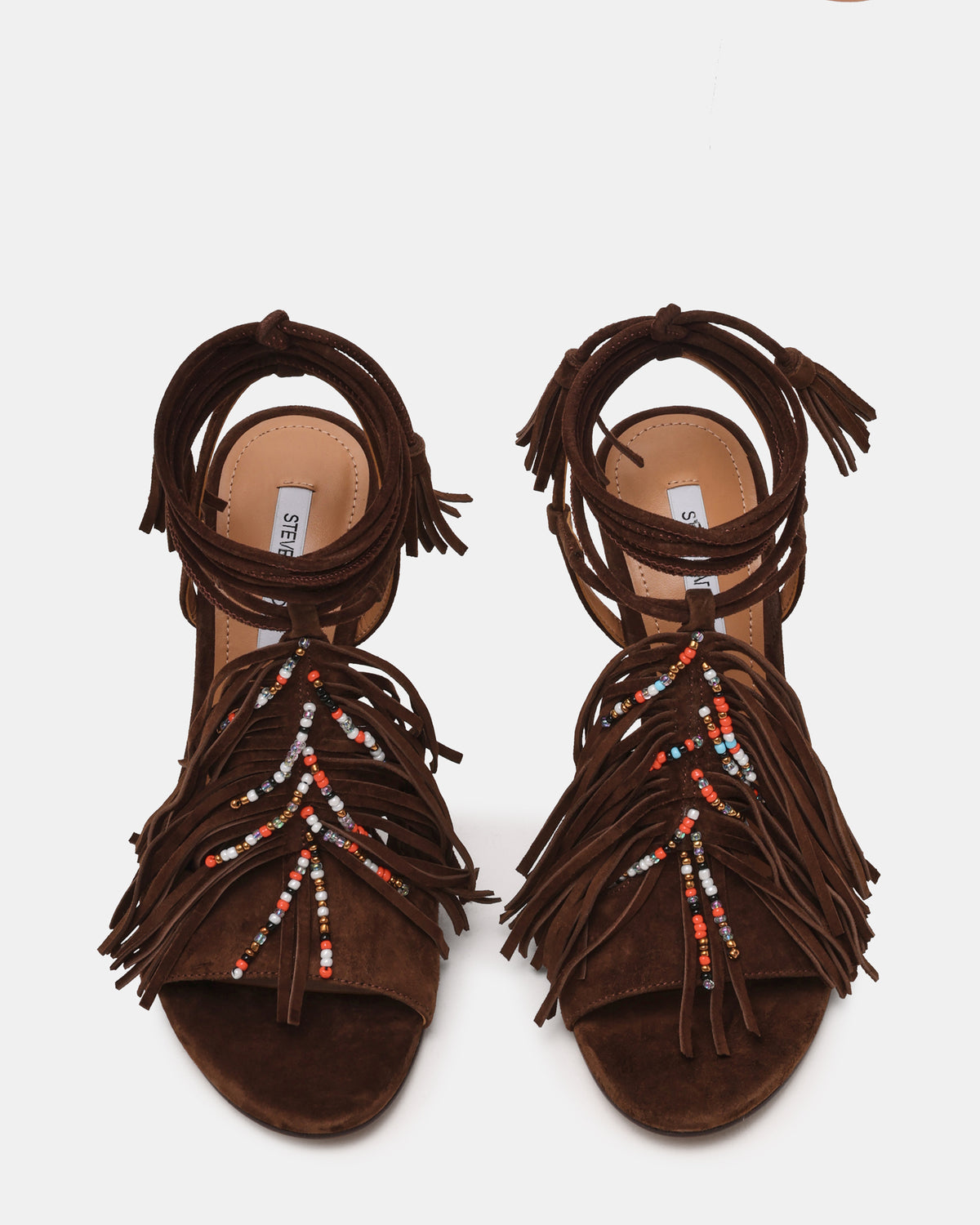 TALIA Brown Suede Fringe Beaded Stiletto Strappy Leg-Ties Women's Heel