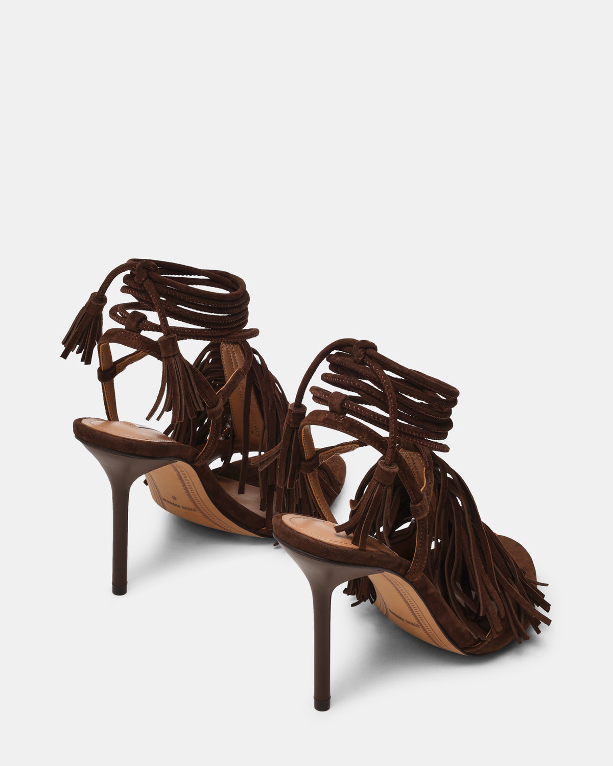 TALIA Brown Suede Fringe Beaded Stiletto Strappy Leg-Ties Women's Heel