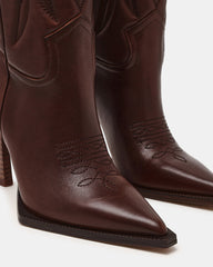 KINZEE Brown Leather Pointed-Toe Knee-High Western Stiletto Women's Boot