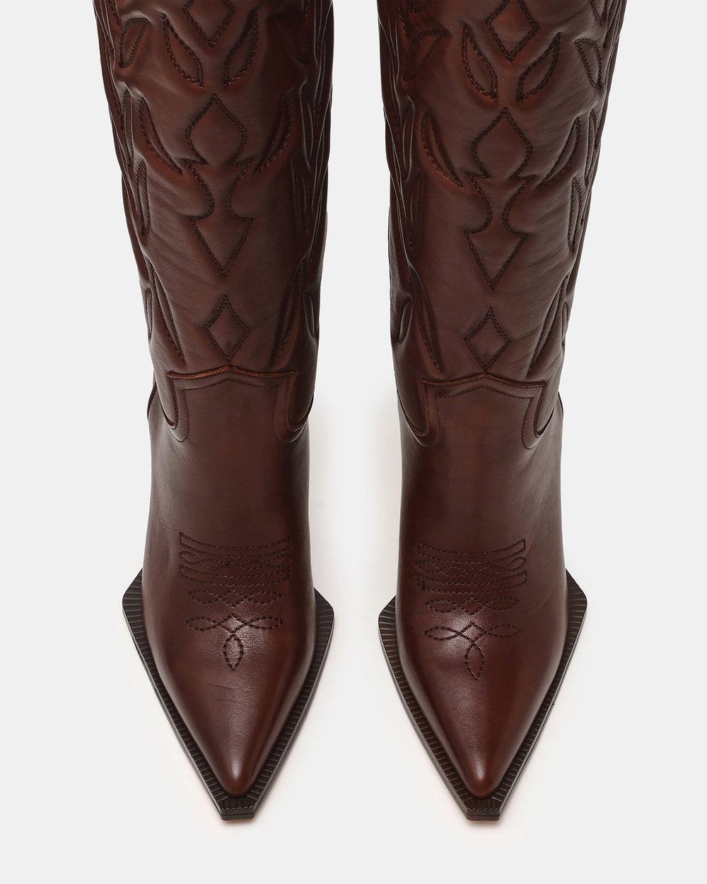 KINZEE Brown Leather Pointed-Toe Knee-High Western Stiletto Women's Boot