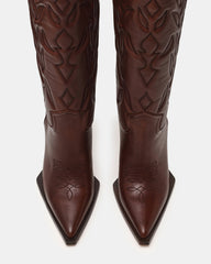KINZEE Brown Leather Pointed-Toe Knee-High Western Stiletto Women's Boot