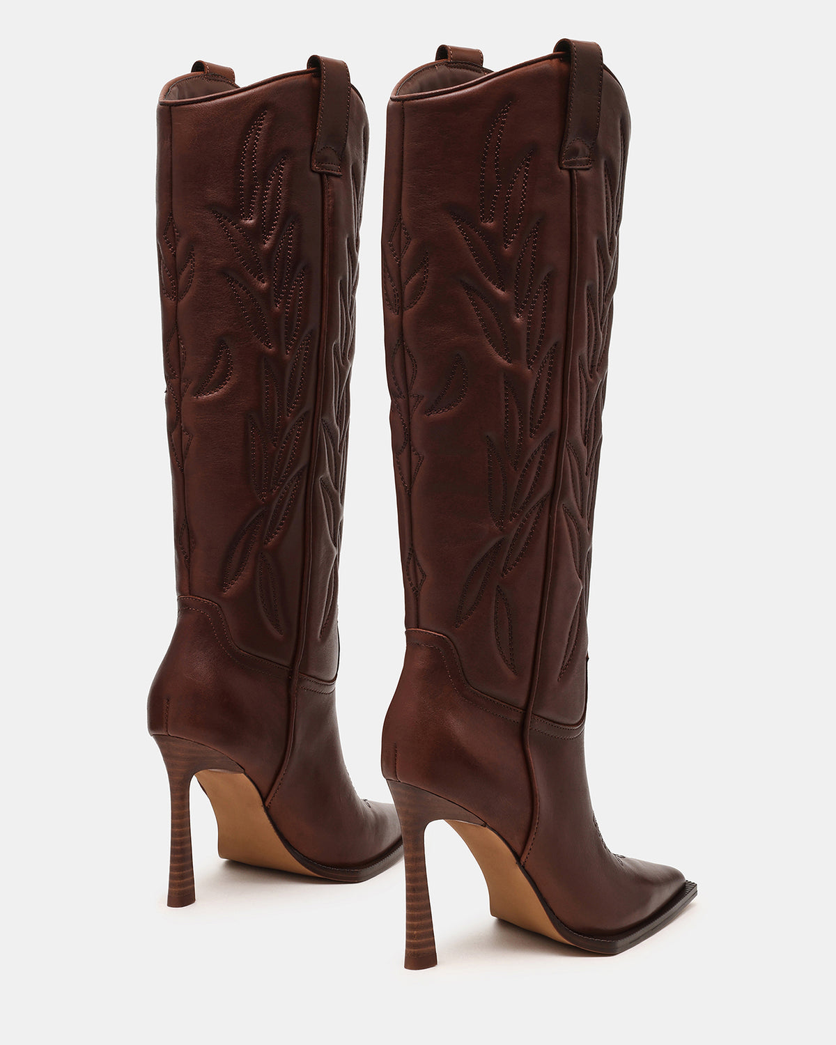 KINZEE Brown Leather Pointed-Toe Knee-High Western Stiletto Women's Boot