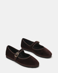 VELMA Brown Velvet Mary Jane Gold-Detail Buckle Women's Flat