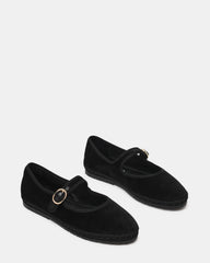 VELMA Black Velvet Mary Jane Gold-Detail Buckle Women's Flat