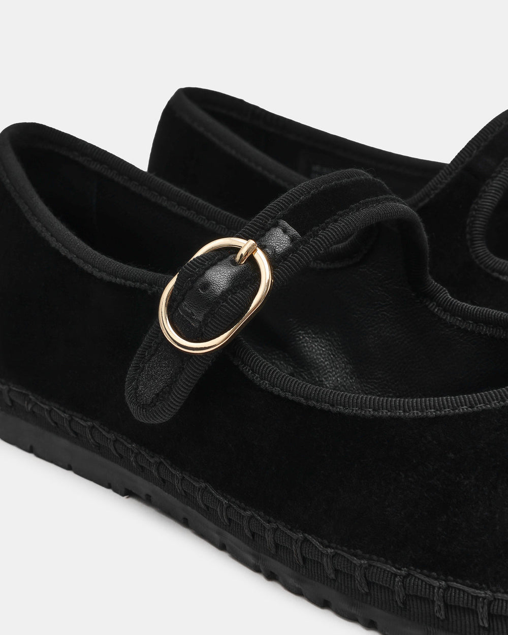 VELMA Black Velvet Mary Jane Gold-Detail Buckle Women's Flat