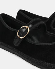 VELMA Black Velvet Mary Jane Gold-Detail Buckle Women's Flat