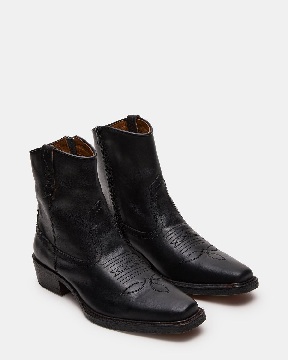 SANDERSON Black Leather Square-Toe Western Men's Ankle Boot