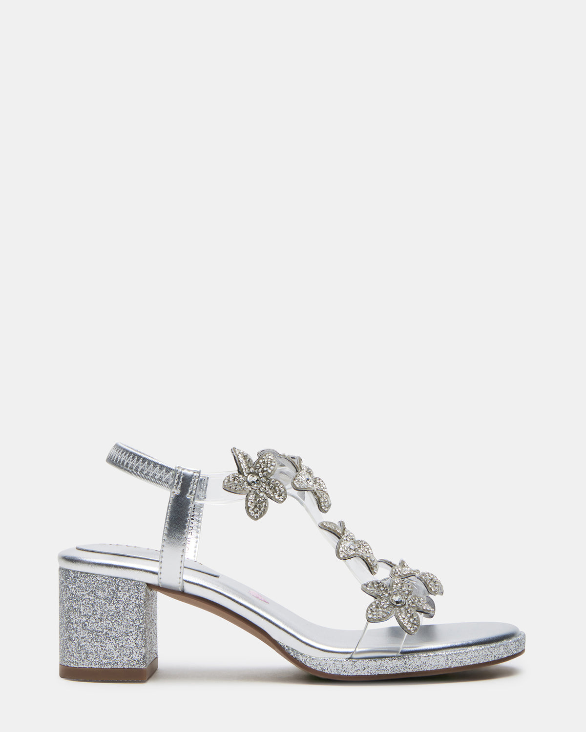 Kids' SAVVY Silver Girls' Strappy Rhinestone Block Heel