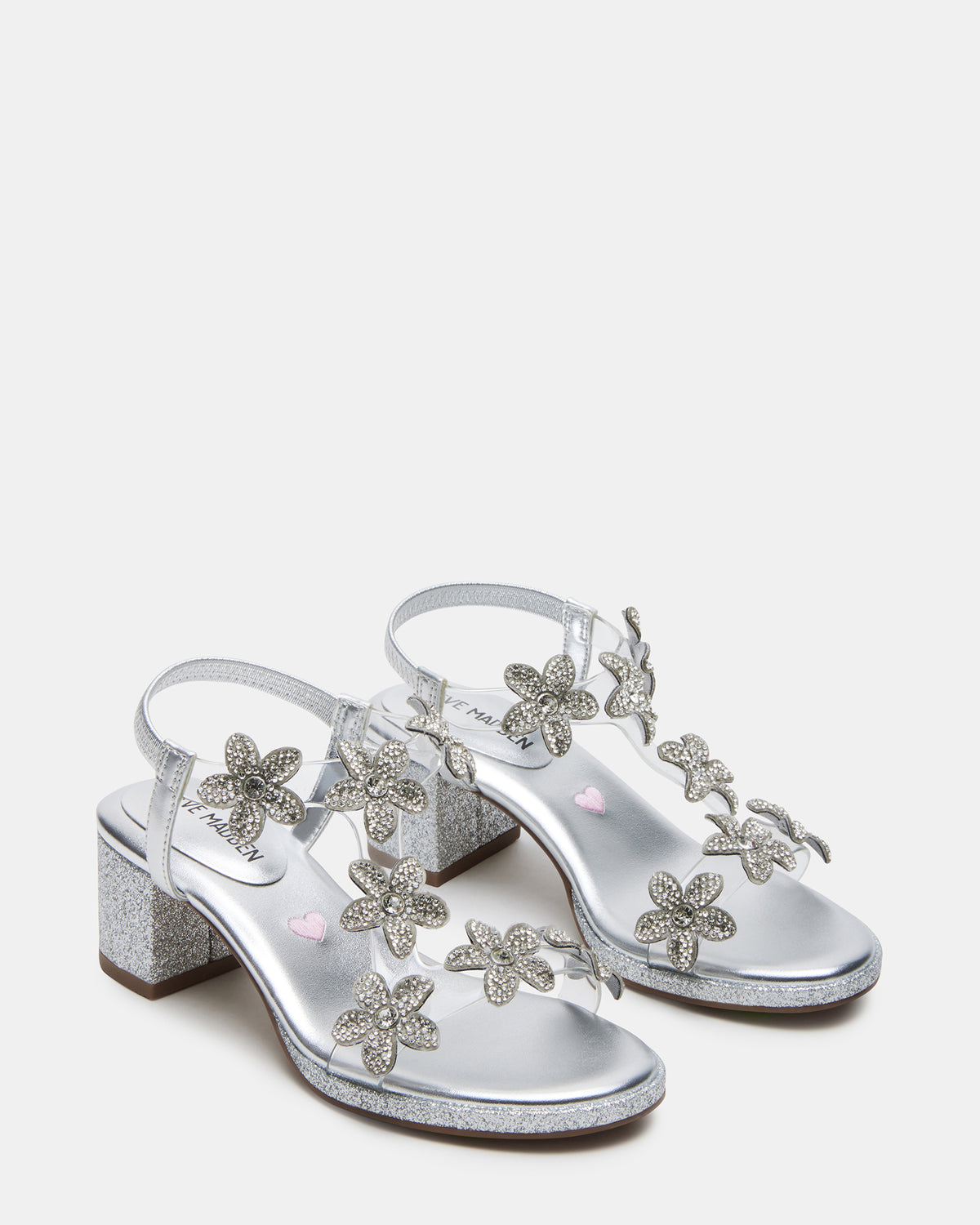 Kids' SAVVY Silver Girls' Strappy Rhinestone Block Heel