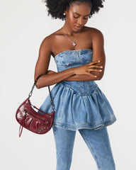 ERIKA Bag Wine Rhinestone Embellished Studded Crinkle Moto Crossbody Handbag