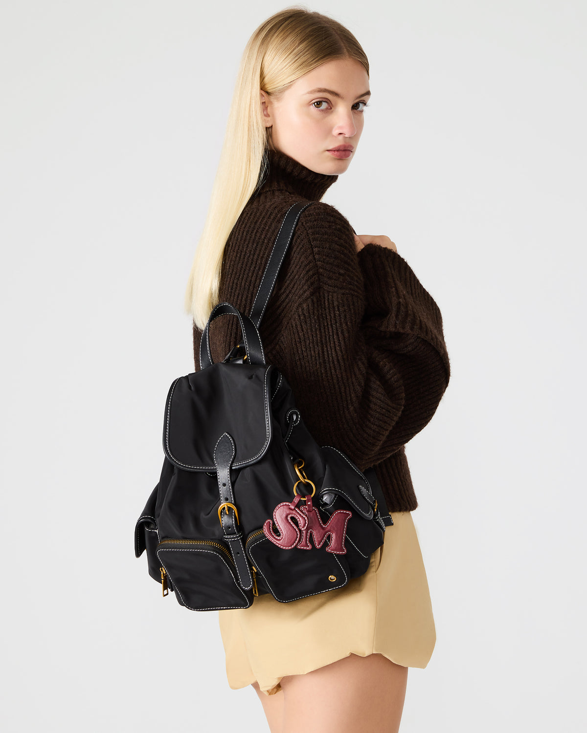 STUDIO Bag Black Nylon Cargo Pocket Drawstring Women's Backpack Handbag