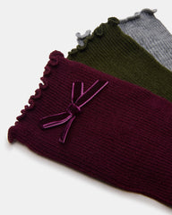 3 PACK FOLLY VELVET BOW RIB CREW SOCKS CHERRY Women's Lettuce Edge Delicate Bow Socks