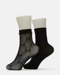 2 Pack Bow Fishnet Anklet Women's Lace Quarter Socks Black