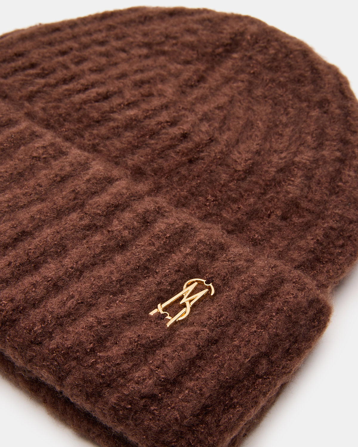 LOGO BEANIE Dark Brown Fuzzy RIbbed Knit Women's Beanie