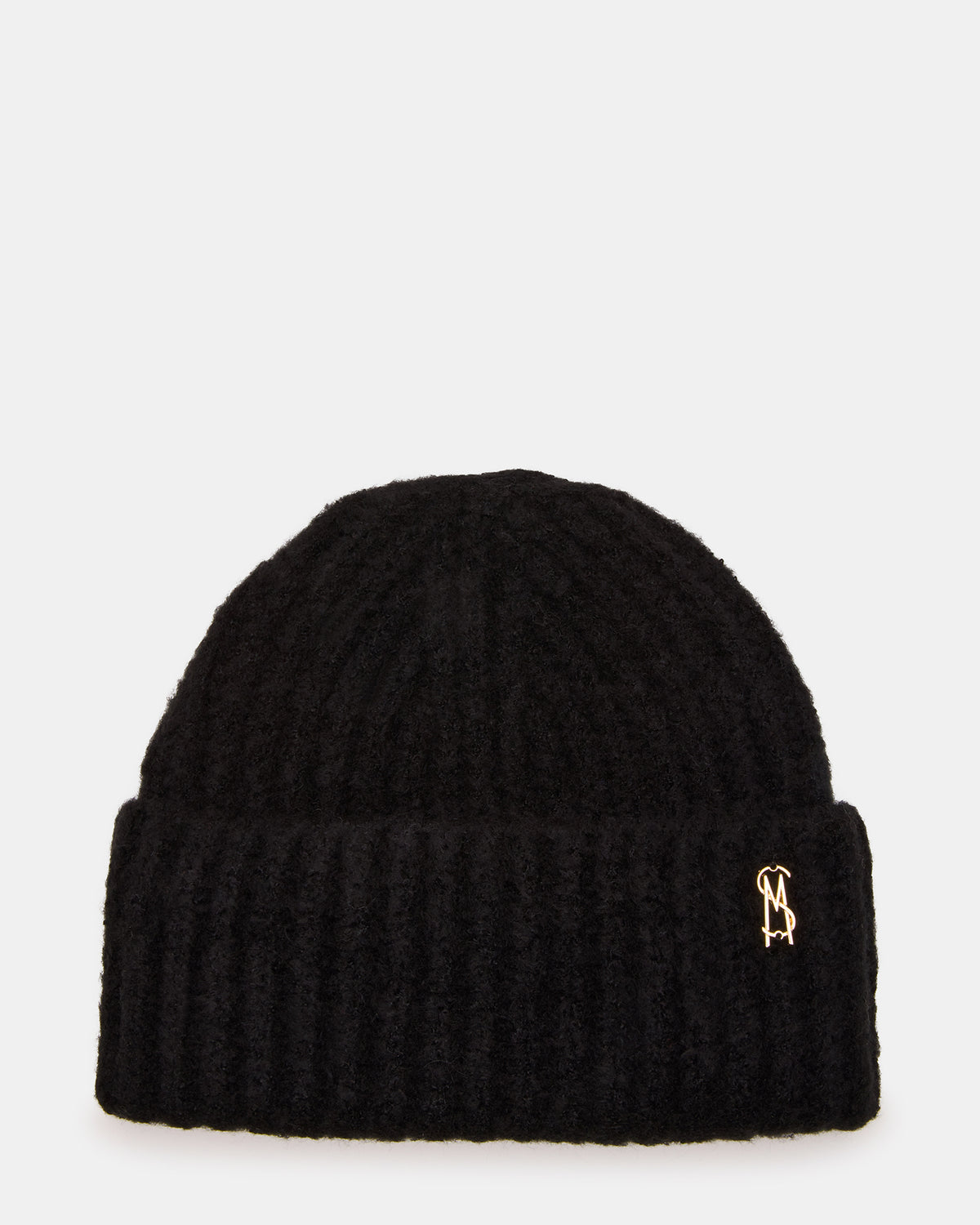 LOGO BEANIE Black Fuzzy RIbbed Knit Women's Beanie