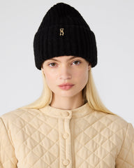 LOGO BEANIE Black Fuzzy RIbbed Knit Women's Beanie