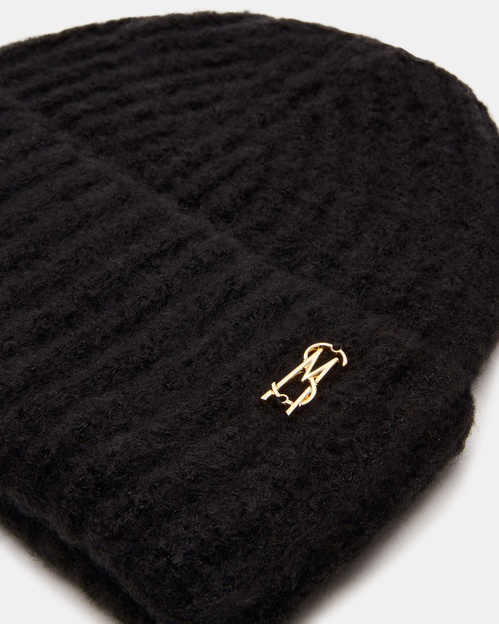 LOGO BEANIE Black Fuzzy RIbbed Knit Women's Beanie